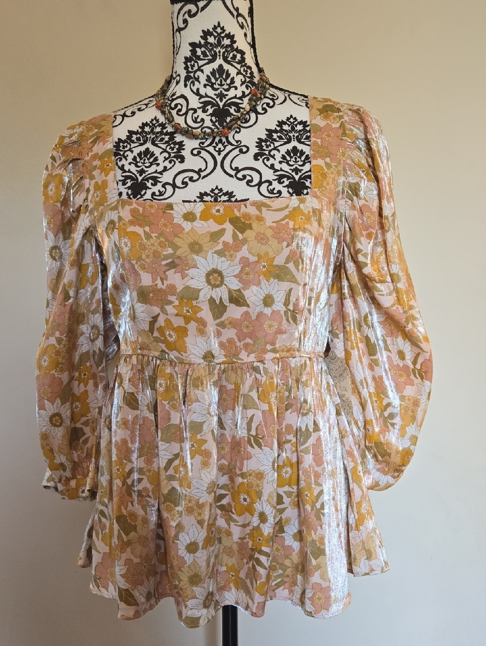 Altar'd State Floral Peasant Blouse in Mustard, Peach & Cream M - Picture 8 of 12